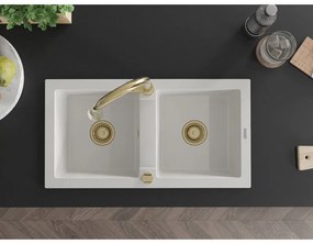 Mexen Mario, 2-komorový granitový drez 820x436x161 mm a drezová batéria Elia, biela, 6504-20-670101-50
