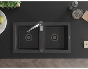 Mexen Mario, granitový drez 820x436x161 mm, 2-komorový a drezová batéria Aster, čierna škvrnitá, 6504-76-73450-07-B