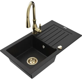 Mexen Pablo, granitový drez 752x436x161 mm, 1-komorový a drezová batéria Savita, čierna, 6510-77-672601-50