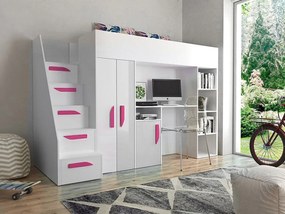 Poschodová posteľ so schodmi Pen 14, Farby: Biela + Ružový lesk + Biely lesk