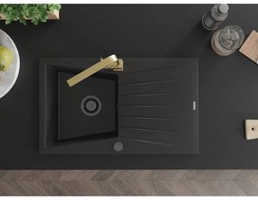 Mexen Cesar, granitový drez 775x470x190 mm, 1-komorový, čierna s čiernym sifónom a zlatá drezová batéria Rita, 6514-77-670300-50-B