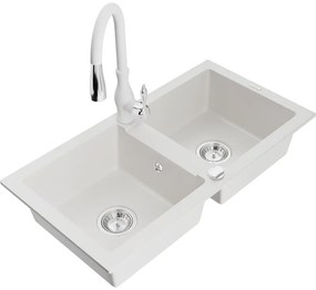 Mexen Mario, 2-komorový granitový drez 820x436x161 mm a drezová batéria Savita, biela, 6504-20-672601-20