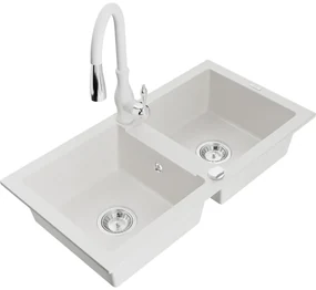 Mexen Mario, 2-komorový granitový drez 820x436x161 mm a drezová batéria Savita, biela, 6504-20-672601-20