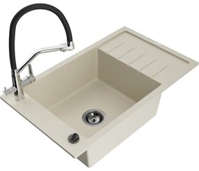 Mexen Elias, 1-komorový granitový drez 795x480x200 mm a drezová batéria Duo, béžová, 6511-69-671701-07-B