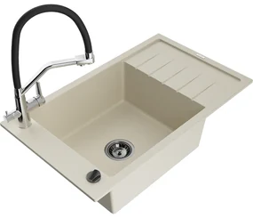 Mexen Elias, 1-komorový granitový drez 795x480x200 mm a drezová batéria Duo, béžová, 6511-69-671701-07-B
