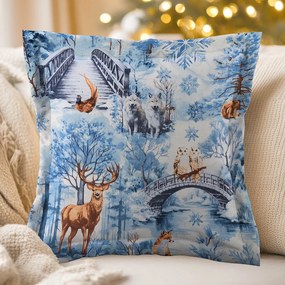 Biante Bavlnená obliečka na vankúš s lemom Sandra SA-674 Lesné zvieratá v zimnom lese na modrom 45 x 45 cm