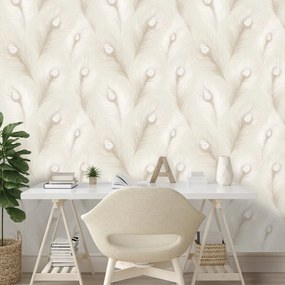 Samolepiaca tapeta béžové pávie perie v glamour štýle