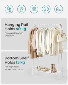 Stojan na oblečenie s oceľovým rámom, s policou, 33,5 x 92,5 x 153 cm, biely