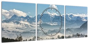 Obraz zasnežených hôr (s hodinami) (90x30 cm)
