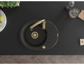 Mexen Kevin, granitový drez 586x458x190 mm, 1-komorový a drezová batéria Savita, čierna-zlatá metalíza, 6517-75-672601-50