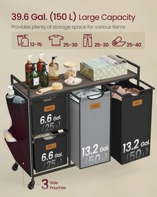 Kôš na bielizeň so 4 priehradkami, 150 l triedič prádla, čierno-sivý