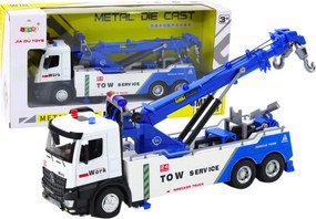 LEAN Toys Nákladné auto s žeriavom, dvoma hákmi, kovové, bielo-modré, svetlá a zvuky