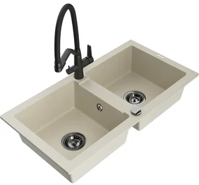 Mexen Mario, granitový drez 820x436x161 mm, 2-komorový a drezová batéria Duo, béžová, 6504-69-671701-70-B