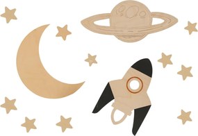 Vesmírna drevená nástenná dekorácia pre deti – Mesiac, raketa, Saturn + 10 hviezd