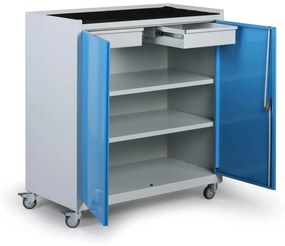 Dielenská pojazdná skrinka na náradie KOVONA, 2 police, 2 zásuvky, zváraná, 1000 x 500 x 1000 mm