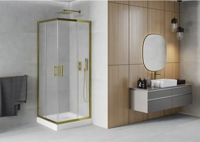 Mexen Rio, štvorcový sprchovací kút s posuvnými dverami 70(dvere) x 70(dvere) x 190 cm, 6mm sklo námraza, zlatý profil + biela sprchová vanička RIO, 860-070-070-50-30-4510