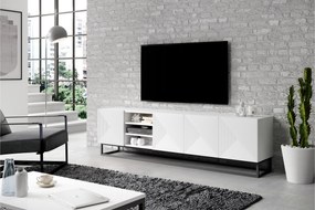 TV stolík Asha 200 cm na čiernom podstavci s 3 otvorenými policami - biely mat