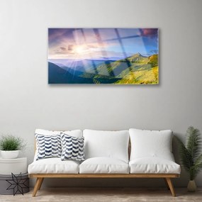 Skleneny obraz Hora lúka slnko krajina 100x50 cm
