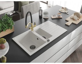 Mexen Matias, 1,5-komorový granitový drez 900x505x200 mm a drezová batéria Duo, biela, 6502-20-671701-57-B