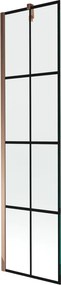 Mexen Next, vaňová zástena 1-krídlová 50 x 150 cm, fixné krídlo, 6 mm číre sklo s čiernym vzorom, ružové zlato profil, 895-050-000-00-77-60
