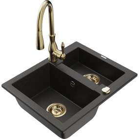 Mexen Carlos, 1,5-komorový granitový drez 582x475x177 mm a drezová batéria Savita, čierna-zlatá metalíza, 6518-75-672601-50