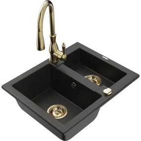 Mexen Carlos, 1,5-komorový granitový drez 582x475x177 mm a drezová batéria Savita, čierna-zlatá metalíza, 6518-75-672601-50