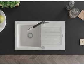 Mexen Pablo, 1-komorový granitový drez 752x436x161 mm a drezová batéria Flora, biela, 6510-20-670401-07