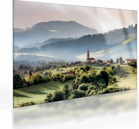 Sklenený obraz - dedinka v hmle (70x50 cm)