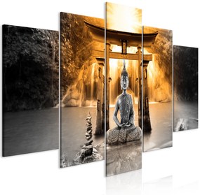 Artgeist Obraz - Buddha Smile (5 Parts) Wide Orange Veľkosť: 100x50, Verzia: Premium Print