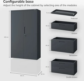 Modulárna kovová multifunkčná skriňa so zásuvkou antracitová MEGAN 1850 x 900 x 400 mm