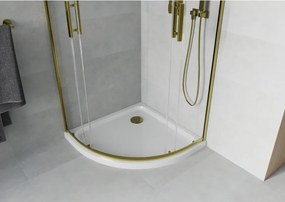 Mexen Rio, štvrťkruhový sprchovací kút s posuvnými dverami 90(dvere) x 90(dvere) x 190 cm, 6mm číre sklo, zlatý profil + biela sprchová vanička SLIM, 863-090-090-50-00-4110G