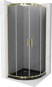 Mexen Rio, štvrťkruhový sprchovací kút s posuvnými dverami 80 (dvere) x 80 (dvere) x 190 cm, 5mm šedé sklo, zlatý profil + čierna sprchová vanička SLIM, 863-080-080-50-40-4170G