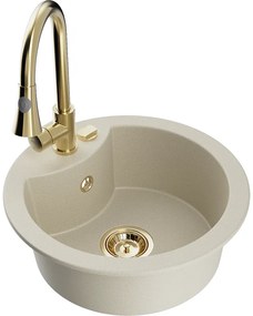 Mexen Diego, 1-komorový granitový drez 488x488x167 mm a drezová batéria Elia, béžová, 6512-69-670101-50