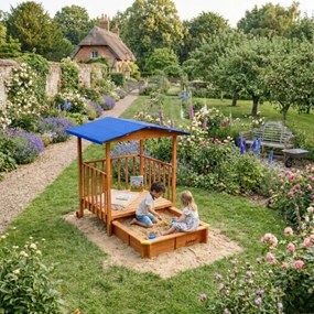 Pieskovisko s verandou SUNNY, 130x130x143cm, hnedá/modrá Jurhan