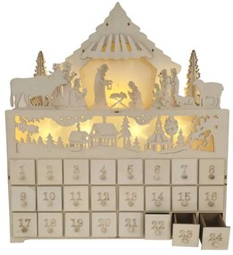 LED adventný kalendár drevený betlehem, 43 x 8 x 47 cm, 2× AA
