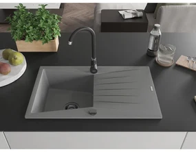 Mexen Cesar, granitový drez 775x470x190 mm, 1-komorový, šedá s čiernym sifónom, 6514771010-71-B
