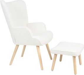 Relaxačné kreslo ušiak ROMEO II + taburet — masívne drevo, látka bouclé, prírodná / biela