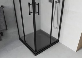 Mexen Rio, štvorcový sprchovací kút s posuvnými dverami 90(dvere) x 90(dvere) x 190 cm, 6mm sklo námraza, čierny profil + čierna sprchová vanička SLIM, 860-090-090-70-30-4070B