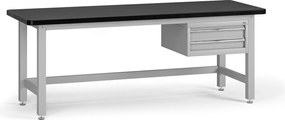 Pracovný stôl do dielne G4 so závesným boxom na náradie, MDF + PVC doska, 2 zásuvky, 2100 x 750 x 800 mm, sivá
