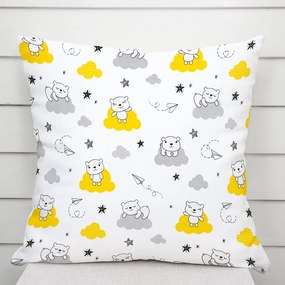 Biante Detská bavlnená obliečka na vankúš Sandra SA-725 Medvedíky na žlto-sivých obláčikoch na bielom 40 x 40 cm