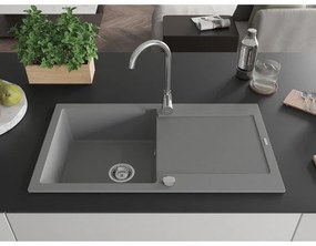 Mexen Leo, 1-komorový granitový drez s odkvapkávačom 90x50 cm a kuchynskou batériou Telma, šedá, 6501-71-670200-00