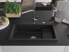 Mexen Omar žulový kuchynský drez s 1 komorou 800 x 480 mm, čierny, chrómový sifón - 6520801005-77