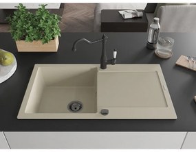 Mexen Leo, granitový drez 900x500x190 mm, 1-komorový a drezová batéria Carla, béžová, 6501-69-670700-70
