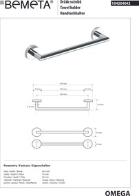 Bemeta Design OMEGA: Držiak uterákov, 600 mm - 104204042