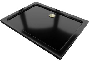 Mexen Flat, akrylátová sprchová vanička 90x80x5 cm SLIM, čierna, zlatý sifón, 40708090G
