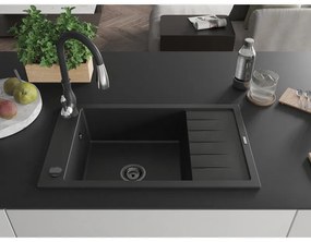 Mexen Elias, 1-komorový granitový drez 795x480x200 mm a drezová batéria Savita, čierna, 6511-77-672601-70-B