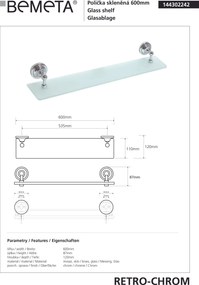 Bemeta Design RETRO chróm: Polička, 600 mm, sklo - 144302242