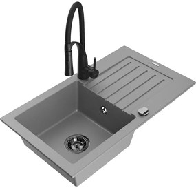 Mexen Pablo, 1-komorový granitový drez 752x436x161 mm a drezová batéria Aster, šedá, 6510-71-73450-70-B