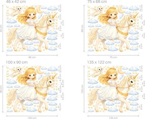 Blond princezná na jednorožcovi textilné znovu prilepiteľné nálepky na stenu hárok 46 x 42 cm