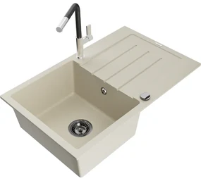 Mexen Bruno, 1-komorový granitový drez 795x495x200 mm a drezová batéria Flora, béžová, 6513-69-670401-07-B